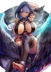 Rule 34 | 1girl, absurdres, angel, angel wings, arm above head, arm up, blue eyes, blue hair, breasts, choker, cleavage, feathered wings, hair intakes, highres, hololive, hololive english, huge breasts, looking at viewer, ouro kronii, revealing clothes, revision, short hair, solo, thighhighs, thighs, virtual youtuber, vyragami, wings