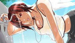 Rule 34 | 1girl, bent over, bizen dorobune, blue sky, breasts, cleavage, cloud, day, dead or alive, dead or alive 5, digital media player, drinking fountain, earbuds, earphones, fountain, large breasts, leaning forward, midriff, mila (doa), one eye closed, red eyes, red hair, short hair, sky, smile, solo, sweat, tank top, tecmo, wet, wet clothes, wink