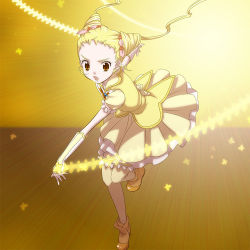 Rule 34 | 00s, 1girl, blonde hair, brooch, brown eyes, bug, butterfly, cone hair bun, cure lemonade, curly hair, double bun, dress, full body, gloves, hair bun, hair ornament, hairpin, insect, jewelry, kasugano urara (yes! precure 5), magic, magical girl, precure, running, serious, shoes, short hair, skirt, solo, thighhighs, tomiwo, twintails, yellow background, yellow skirt, yellow theme, yellow thighhighs, yes! precure 5