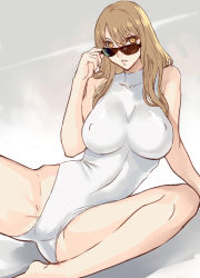 Rule 34 | 1girl, adjusting eyewear, adjusting glasses, arm support, breasts, brown eyes, brown hair, cameltoe, casual one-piece swimsuit, covered erect nipples, hair between eyes, highleg, highleg swimsuit, large breasts, leaning, legs, long hair, looking at viewer, looking over eyewear, looking over glasses, one-piece swimsuit, orange eyes, original, parted bangs, parted lips, ran&#039;ou (tamago no kimi), reclining, shadow, simple background, sitting, solo, spread legs, sunglasses, swimsuit, tinted eyewear, white one-piece swimsuit, wide hips