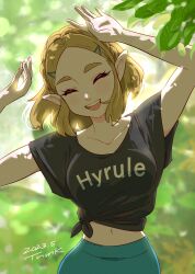 Rule 34 | 1girl, :d, absurdres, arms up, backlighting, black shirt, breasts, dappled sunlight, dated, day, hair ornament, hairclip, highres, medium breasts, medium hair, midriff, navel, nintendo, open mouth, outdoors, pointy ears, princess zelda, shirt, short sleeves, smile, solo, standing, sunlight, t-shirt, the legend of zelda, the legend of zelda: breath of the wild, thick eyebrows, tied shirt, tsunemoku