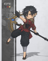 Rule 34 | 1boy, bandaged ankle, black footwear, black gloves, black hair, black pants, brown eyes, english text, final fantasy, final fantasy xiv, full body, gloves, grin, hair between eyes, highres, holding, holding scythe, lalafell, looking at viewer, multiple views, pants, pointy ears, puluie, reaper (final fantasy), red shirt, scythe, shadow, shirt, short hair, simple background, smile, smug, standing, standing on one leg, warrior of light (ff14)