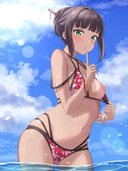 Rule 34 | 1girl, alternate hairstyle, bikini, bikini tan, bikini top aside, black hair, blue sky, breasts, cloud, commentary request, finger to own chin, floral print, green eyes, hair bun, hair ornament, hair stick, hair up, highres, kurosawa dia, long hair, looking at viewer, love live!, love live! sunshine!!, medium breasts, mobukichi, mole, mole under mouth, multi-strapped bikini, multiple bracelets, navel, ocean, one breast out, open mouth, partially submerged, print bikini, pulling own clothes, red bikini, sidelocks, sky, solo, sunlight, swimsuit, tan, tanline, wet