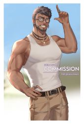 Rule 34 | 1boy, artist name, bara, beard, belt, biceps, black hair, blue eyes, blurry, blurry background, commission, dark-skinned male, dark skin, day, ear piercing, earrings, exelionstar, facial hair, final fantasy, final fantasy xiv, gem, glasses, highres, jewelry, long sideburns, looking at viewer, male focus, manly, mature male, muscular, muscular male, necklace, original, pants, pectorals, piercing, ring, sideburns, smile, solo, tank top, thick arms, warrior of light (ff14)