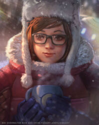 Rule 34 | 1girl, absurdres, andy liong, artist name, blue gloves, brown eyes, brown hair, character name, coat, commentary, copyright name, cup, english commentary, eyebrows hidden by hair, glasses, gloves, highres, holding, holding cup, mei (overwatch), mug, overwatch, parka, smile, snow, solo, steam, upper body, winter clothes, winter coat