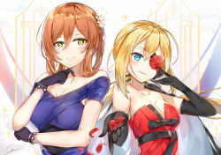 Rule 34 | 2girls, alternate costume, alternate hairstyle, arm across waist, bare shoulders, black gloves, blonde hair, blue dress, blue eyes, blush, breasts, brown hair, casual, choker, cleavage, closed mouth, collarbone, dress, elbow gloves, eyepatch, finger to eyewear, flower, flower eyepatch, ginn (hzh770121), girls&#039; frontline, gloves, green eyes, hair between eyes, hair flower, hair ornament, hair rings, hand on own chin, jacket, jacket on shoulders, large breasts, long hair, looking at viewer, low-tied long hair, multiple girls, official alternate costume, one eye covered, open mouth, petals, reaching, reaching towards viewer, red dress, ribbon, sidelocks, signature, skorpion (crimson starlet) (girls&#039; frontline), skorpion (girls&#039; frontline), small breasts, smile, springfield (girls&#039; frontline), springfield (queen in radiance) (girls&#039; frontline), strap, strapless, strapless dress, tareme