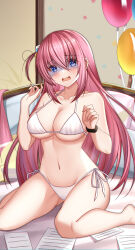 Rule 34 | 1girl, absurdres, balloon, bed, bikini, blue eyes, bocchi the rock!, breasts, chinese commentary, commentary request, cube hair ornament, embarrassed, flan (f l an), gotoh hitori, hair between eyes, hair ornament, hair over eyes, highres, instrument, large breasts, long hair, looking at viewer, one side up, paper, pink hair, shaded face, side-tie bikini bottom, sitting, solo, swimsuit, wariza, white bikini