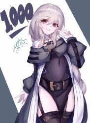 Rule 34 | 1girl, arknights, black dress, braid, capelet, dress, garter straps, highres, long hair, long sleeves, parted lips, pointing, pointing at self, red eyes, silver hair, solo, specter (arknights), thighhighs, turtleneck, yuzusawa oekaki