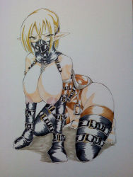Rule 34 | 1girl, all fours, bdsm, blonde hair, bondage, bound, breasts, collar, elf, female focus, gag, gagged, harness, highres, human dog, kendo reisha, large breasts, legbinder, looking at viewer, maron (kagamikunn), marron koubou, mittens, muzzle gag, neck corset, nipples, pet play, pointy ears, pony play, posture collar, saddle, simple background, solo, white background
