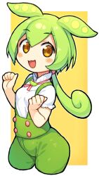 Rule 34 | 1girl, :3, bachera, blush, blush stickers, breasts, brown eyes, cropped legs, green hair, green shorts, highres, long hair, looking at viewer, low ponytail, open mouth, pea pod, shorts, small breasts, smile, solo, suspender shorts, suspenders, two-tone background, voicevox, zundamon