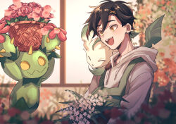 Rule 34 | 1boy, apron, black hair, blurry, blurry background, bouquet, closed eyes, closed mouth, commentary request, creatures (company), crossover, flower, flower basket, game freak, gen 4 pokemon, gen 5 pokemon, green apron, grey hoodie, hair between eyes, hair ornament, hairclip, highres, holding, holding bouquet, hood, hood down, hoodie, indoors, kagerou project, leafeon, long sleeves, looking at another, male focus, maractus, mokemoke chan, nintendo, object on head, on shoulder, open mouth, pink flower, pink rose, plant, pokemon, pokemon (creature), pokemon on shoulder, rose, seto kousuke, short hair, teeth, upper body, upper teeth only, window, x hair ornament, yellow eyes