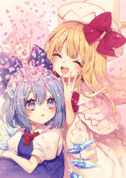 Rule 34 | 2girls, blonde hair, blue bow, blue eyes, blue hair, blush, bow, bowtie, cirno, commentary request, closed eyes, hair bow, hat, hat bow, highres, ice, ice wings, kyouda suzuka, lily white, multiple girls, open mouth, parted lips, petals, puffy short sleeves, puffy sleeves, red bow, red neckwear, short sleeves, smile, tears, teeth, touhou, upper teeth only, white headwear, wide sleeves, wings