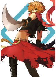 Rule 34 | 1boy, alternate costume, armor, bare shoulders, brown hair, dated, floating scarf, holding, holding sheath, holding sword, holding weapon, katana, light brown hair, male focus, red scarf, scabbard, scarf, sheath, sihai (wsskdywe), simple background, solo, sword, torn clothes, torn scarf, vambraces, weapon, yellow eyes, yu-gi-oh!, yu-gi-oh! gx, yuki judai