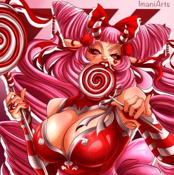 Rule 34 | 1girl, bare shoulders, breasts, candy, fang, fang out, food, highres, horns, imaniiarts, large breasts, lollipop, original, pink eyes, pink hair, scar