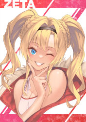 Rule 34 | 1girl, ;d, bare shoulders, blonde hair, blue eyes, blush, braid, breasts, character name, cleavage, cropped torso, granblue fantasy, grin, highres, large breasts, long hair, looking at viewer, looking back, one eye closed, open mouth, parted lips, sidelocks, sleeveless, smile, solo, teeth, tekkai blade, twintails, two-tone background, upper teeth only, v, zeta (granblue fantasy)