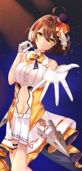 Rule 34 | 1girl, absurdres, ahoge, azur lane, baltimore (azur lane), baltimore (muse) (azur lane), bare shoulders, belt, bow, braid, breasts, brown hair, center opening, clothing cutout, collared shirt, commentary request, cowboy shot, foreshortening, french braid, gloves, hair between eyes, half gloves, hat, headset, highres, idol, konparu uran, large breasts, looking at viewer, mini hat, navel, navel cutout, official alternate costume, orange bow, shirt, short hair, sidelocks, skirt, sleeveless, sleeveless shirt, smile, solo, standing, thigh strap, underboob, underboob cutout, white belt, white gloves, white skirt, yellow eyes