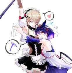 Rule 34 | 2girls, apron, arm up, armpits, artist request, between breasts, black dress, blue hair, blue sleeves, breasts, brown hair, closed mouth, dress, flying sweatdrops, frilled apron, frilled dress, frills, hair ornament, heart, holding, holding scythe, holding weapon, honkai (series), honkai impact 3rd, looking at another, maid, maid apron, maid headdress, medium breasts, multiple girls, one eye closed, open mouth, puffy short sleeves, puffy sleeves, purple eyes, red eyes, rita rossweisse, rita rossweisse (umbral rose), scythe, seele (alter ego), seele vollerei, seele vollerei (swallowtail phantasm), short hair, short sleeves, simple background, small breasts, smile, spoken heart, strapless, strapless dress, third-party source, tsurime, weapon, white apron, white background, white dress