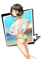 Rule 34 | 10s, 1girl, absurdres, ass, bad id, bad pixiv id, beach, bikini, black hair, blush, breasts, brown eyes, brown hair, cleavage, clothes pull, highres, kawakami sadayo, looking at viewer, medium breasts, persona, persona 5, see-through, shirt, short hair, sky, smile, solo, standing, swimsuit, wet, wet clothes, wet shirt
