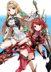 Rule 34 | 2girls, absurdres, aegis sword (xenoblade), bare legs, bare shoulders, black gloves, blonde hair, breasts, chest jewel, cleavage, cleavage cutout, clothing cutout, dress, earrings, elbow gloves, fingerless gloves, gloves, highres, jewelry, large breasts, long hair, multiple girls, mythra (xenoblade), pyra (xenoblade), red eyes, red hair, red shorts, short dress, short hair, short shorts, shorts, swept bangs, sword, thigh strap, thighhighs, tiara, very long hair, weapon, white dress, white gloves, xenoblade chronicles (series), xenoblade chronicles 2, yellow eyes, yokaze japan