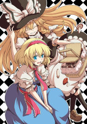 Rule 34 | 2girls, alice margatroid, blonde hair, blue eyes, bow, braid, brown hair, closed eyes, dress, female focus, frills, grin, hair bow, hairband, hat, kirisame marisa, kneehighs, loafers, mishima hiroji, multiple girls, mushroom, necktie, open mouth, picnic basket, shoes, sitting, smile, socks, touhou, v arms, witch, witch hat