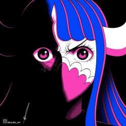 Rule 34 | 1girl, aboude art, artist name, blue hair, commentary, covered mouth, horns, instagram logo, instagram username, limited palette, long hair, looking at viewer, multicolored hair, one piece, pink hair, purple eyes, signature, solo, streaked hair, two-tone hair, ulti (one piece)