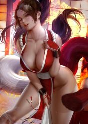 Rule 34 | architecture, blush, breasts, brown eyes, brown hair, cleavage, east asian architecture, eyeshadow, fatal fury, fire, hand fan, japanese clothes, large breasts, lips, lipstick, looking at viewer, makeup, ninja, no bra, one eye closed, open mouth, ponytail, shiranui mai, shouji, sliding doors, snk, tagme, tatami, teeth, the king of fighters, thighs, wink, zumi (zumidraws)