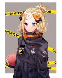 Rule 34 | 1girl, abigail williams (fate), abigail williams (traveling outfit) (fate), bandaid, bandaid on face, bandaid on forehead, black bow, black jacket, blonde hair, blue eyes, blush, bow, caution tape, closed mouth, commentary request, fate/grand order, fate (series), fingernails, grey background, haga, hair bow, hair bun, highres, jacket, long hair, long sleeves, looking at viewer, hugging object, official alternate costume, orange bow, parted bangs, polka dot, polka dot bow, single hair bun, sleeves past fingers, sleeves past wrists, solo, stuffed animal, stuffed toy, teddy bear, two-tone background, upper body, white background