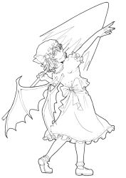 Rule 34 | 1girl, back bow, bat wings, bobby socks, bow, closed mouth, fingernails, frilled skirt, frilled socks, frills, from behind, full body, greyscale, hat, holding, holding polearm, holding weapon, long skirt, looking at viewer, looking back, mary janes, mob cap, monochrome, polearm, puffy short sleeves, puffy sleeves, remilia scarlet, ribbon-trimmed headwear, ribbon trim, sharp fingernails, shirt, shoe soles, shoes, short sleeves, simple background, skirt, socks, solo, spear the gungnir, touhou, weapon, white background, wings, xueying hong