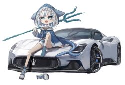 Rule 34 | 1girl, animal hood, blue eyes, blue hair, blue hoodie, blue socks, boots, unworn boots, car, fins, fish tail, gawr gura, gawr gura (1st costume), grey footwear, highres, holding trident, hololive, hololive english, hood, hood up, hoodie, looking at viewer, maserati, maserati mc20, medium hair, motor vehicle, multicolored hair, open mouth, over shoulder, shark girl, shark hood, shark tail, sharp teeth, shiyo tsubame, sitting, sitting on car, socks, solo, sports car, streaked hair, tail, teeth, vehicle focus, virtual youtuber, weapon, weapon over shoulder