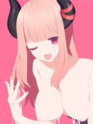 Rule 34 | 1girl, artist request, blunt bangs, breasts, cleavage, cum, cum in mouth, dated, demon girl, demon tail, demon wings, eve.ch, eve valerne, highres, horn ornament, horn ribbon, horns, indie virtual youtuber, inverted nipples, looking at viewer, nipples, one eye closed, pink background, ribbon, solo, tail, topless, virtual youtuber, wings