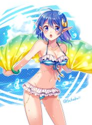 Rule 34 | 1girl, :o, bad id, bad pixiv id, bikini, blue eyes, blue hair, bracelet, breasts, cleavage, cowboy shot, crescent, crescent hair ornament, earrings, hair ornament, holding, jewelry, looking at viewer, medium breasts, multicolored towel, navel, necklace, pointy ears, rena lanford, shikakuii, short hair, solo, star ocean, star ocean the second story, striped bikini, striped clothes, swimsuit, towel, twitter username