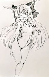 Rule 34 | 1girl, ;d, bow, breasts, competition swimsuit, d-m (dii emu), hair bow, horns, ibuki suika, long hair, looking at viewer, navel, one-piece swimsuit, one eye closed, open mouth, small breasts, smile, solo, standing, standing on one leg, swimsuit, touhou