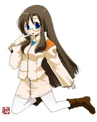 Rule 34 | 00s, 1girl, :p, blue eyes, blush, boots, brown footwear, brown hair, finger to mouth, full body, glasses, knee boots, long hair, long sleeves, looking at viewer, lyrical nanoha, mahou shoujo lyrical nanoha, mahou shoujo lyrical nanoha strikers, military, military uniform, neon genesis evangelion, pantyhose, pencil skirt, rimless eyewear, shario finieno, simple background, skirt, sleeves past wrists, smile, solo, straight hair, tongue, tongue out, uniform, very long hair, wadatsumi garland, white background, white pantyhose