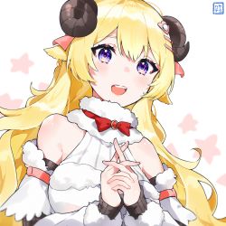 Rule 34 | 1girl, :d, animal ears, bare shoulders, blonde hair, bow, breasts, commentary request, curled horns, detached sleeves, dress, fur-trimmed sleeves, fur trim, hair between eyes, hair ornament, hairclip, hands up, hayate fish, highres, hololive, horns, interlocked fingers, long hair, long sleeves, looking at viewer, medium breasts, open mouth, own hands together, purple eyes, red bow, romaji commentary, sheep ears, sheep girl, sheep horns, sleeveless, sleeveless dress, smile, solo, star (symbol), starry background, teeth, tsunomaki watame, tsunomaki watame (1st costume), upper teeth only, virtual youtuber, white background, white dress, white sleeves