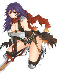 Rule 34 | 1girl, armor, armored boots, assassin cross (ragnarok online), black cape, black gloves, black shirt, black socks, blue hair, boots, cape, closed mouth, commentary request, dagger, elbow gloves, eremes guile, full body, gauntlets, genderswap, genderswap (mtf), gloves, hair between eyes, high heel boots, high heels, holding, holding dagger, holding knife, holding weapon, jamadhar, kneehighs, knife, long hair, looking at viewer, pauldrons, ragnarok online, red eyes, red scarf, revealing clothes, scarf, shirt, shoulder armor, simple background, socks, solo, sptbird, squatting, torn cape, torn clothes, torn scarf, waist cape, weapon, white background