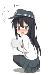 Rule 34 | 10s, 1girl, @ @, ^^^, absurdres, akatsuki (kancolle), anchor symbol, black hair, black pantyhose, blush, book, check commentary, commentary request, flat cap, full body, hat, highres, kantai collection, long hair, looking at viewer, nedia (nedia region), open mouth, pantyhose, purple eyes, school uniform, serafuku, sketch, skirt, solo, squatting, surprised, wavy mouth