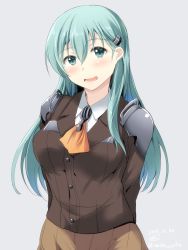 Rule 34 | 10s, 1girl, aqua eyes, aqua hair, arms behind back, ascot, blush, breasts, dated, gin&#039;ichi (akacia), hair ornament, hairclip, highres, jacket, kantai collection, long hair, looking at viewer, open mouth, pleated skirt, school uniform, signature, skirt, smile, solo, suzuya (kancolle), twitter username
