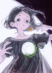 Rule 34 | 1girl, black dress, black hair, bullet hole, crying, dress, floating, floating hair, floating object, from below, full moon, green eyes, hands up, hidari (nanmu-left), highres, hole on body, jewelry, lace-trimmed sleeves, lace trim, light particles, looking at viewer, looking down, mole, mole under eye, moon, moss, necklace, night, night sky, original, parted lips, pendant, short hair, short sleeves, sky, solo, spot color, upper body
