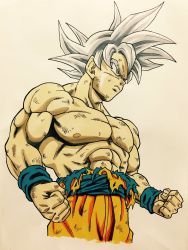 Rule 34 | 10s, 1boy, abs, clenched hands, dirty, dragon ball, dragon ball super, frown, highres, lee (dragon garou), male focus, marker (medium), muscular, profile, serious, topless male, silver hair, solo, son goku, toriyama akira (style), traditional media, ultra instinct, wristband