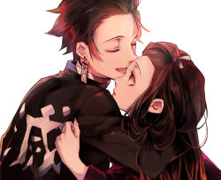 Rule 34 | 1boy, 1girl, arm around neck, brother and sister, brown hair, closed mouth, clothes writing, earrings, eyelashes, fingernails, haru mm2, hug, jewelry, kamado nezuko, kamado tanjirou, kimetsu no yaiba, looking at another, parted lips, pink eyes, profile, sharp fingernails, siblings, simple background, smile, upper body, white background