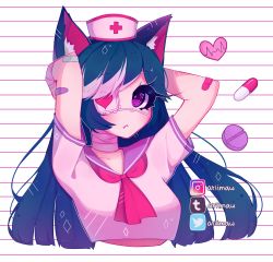 Rule 34 | 1girl, animal ear fluff, ariimaw, arms behind head, arms up, bandaged arm, bandaged neck, bandages, bandaid, blue hair, breasts, closed mouth, collarbone, commission, cropped shirt, eyepatch, fang, fang out, hat, heart, highres, instagram logo, instagram username, long eyelashes, long hair, medical, medical eyepatch, medicine, multicolored hair, neckerchief, nurse cap, original, pill, pink hair, pink neckerchief, purple eyes, sailor collar, short sleeves, solo, striped, striped background, tumblr logo, tumblr username, twitter logo, twitter username, two-tone hair