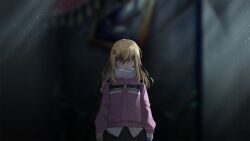 Rule 34 | 1girl, arms at sides, artist request, blonde hair, blurry, blurry background, breasts, chrono ark, collared shirt, expressionless, hair ornament, highres, jacket, jewelry, long hair, looking at viewer, lucy (chrono ark), necklace, non-web source, official art, pendant, pleated skirt, scarf, shaded face, shirt, shoes, skirt, small breasts, sneakers, standing