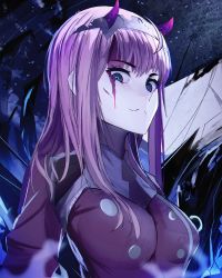 Rule 34 | 10s, 1girl, blood, blood on face, blue eyes, breasts, darling in the franxx, grey hairband, hairband, highres, horns, long hair, looking at viewer, medium breasts, pink hair, rached, solo, upper body, zero two (darling in the franxx)
