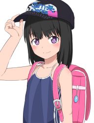 Rule 34 | 1girl, backpack, bag, baseball cap, black hair, blush, bubukka, character request, closed mouth, competition school swimsuit, crime prevention buzzer, hat, headwear writing, looking at viewer, one-piece swimsuit, purple eyes, school swimsuit, short hair, simple background, sleeveless, smile, solo, swimsuit, white background