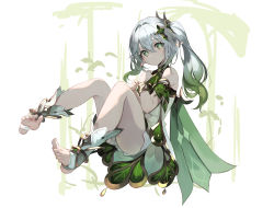 Rule 34 | 1girl, absurdres, bare shoulders, barefoot, closed mouth, commentary request, dress, feet, full body, genshin impact, gradient hair, green hair, grey hair, hands up, highres, knees up, long hair, lumo 1121, multicolored hair, nahida (genshin impact), no shoes, pool, side ponytail, sleeveless, sleeveless dress, soles, solo, stirrup legwear, toeless legwear, toes, white background, white dress