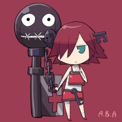 Rule 34 | 1girl, a.b.a, aka (s3637), bandaged arm, bandages, blue eyes, chain, character name, chibi, frown, guilty gear, guilty gear xx, hair over one eye, key, key in head, object through head, paracelsus (guilty gear), pink background, red hair, short hair, simple background, solo, standing