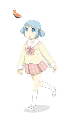 Rule 34 | 1girl, :o, bad id, bad pixiv id, blue eyes, blue hair, bow, chiko (gugugu), cube hair ornament, fish, food, full body, hair ornament, kneehighs, matching hair/eyes, naganohara mio, nichijou, official style, open mouth, school uniform, shoes, short hair, short twintails, simple background, socks, solo, steak, tokisadame school uniform, twintails, uwabaki, white background