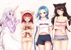 Rule 34 | 4girls, :d, ;), ahri (league of legends), alternate costume, animal ears, animal hood, annie (league of legends), blue hair, blush, braid, breasts, brown eyes, brown hair, cat hood, closed eyes, colored skin, facing viewer, highres, hood, horns, jinx (league of legends), league of legends, long hair, looking at another, looking at viewer, lying, medium breasts, michu love, multi-tied hair, multiple girls, navel, on back, on bed, on side, one eye closed, open mouth, pink eyes, pointy ears, ponytail, purple skin, red hair, shirt, short shorts, shorts, single horn, smile, soraka (league of legends), stuffed animal, stuffed toy, t-shirt, tattoo, teddy bear, twintails, white hair