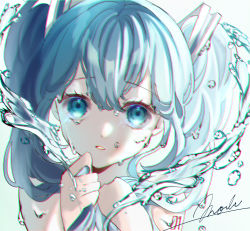 Rule 34 | 1girl, bare shoulders, blue eyes, blue hair, dripping, eyelashes, hair ornament, hair over shoulder, hatsune miku, highres, holding, holding hair, long hair, looking at viewer, mobukyara (mobumobu0817), parted lips, portrait, signature, solo, tears, twintails, vocaloid, water, wet, wet hair