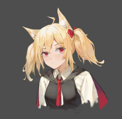 Rule 34 | 1girl, absurdres, ahoge, animal ear fluff, animal ears, arknights, blonde hair, bow, cropped torso, grey background, hair bow, highres, looking at viewer, qingshu, red bow, red eyes, red neckwear, shirt, short hair, simple background, solo, sora (arknights), twintails, upper body, white shirt, wolf ears